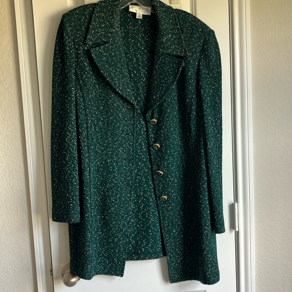 Green tweed jacket with brass buttons